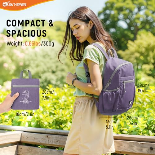 SKYSPER Anti Theft Hiking Backpack, 18L RFID Packable Travel Daypack, Lightweight Foldable Back Pack for Walking Daytrip - color: Purple