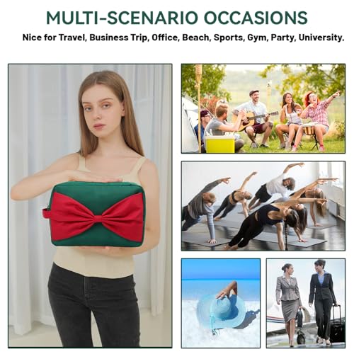 Beach Vacation Essentials Large Makeup Bag Fashion Bow Cosmetic Pouch Travel Toiletry Kit Bag for Women (XL,Green-Bow) - color: Green-Bow, size: XL