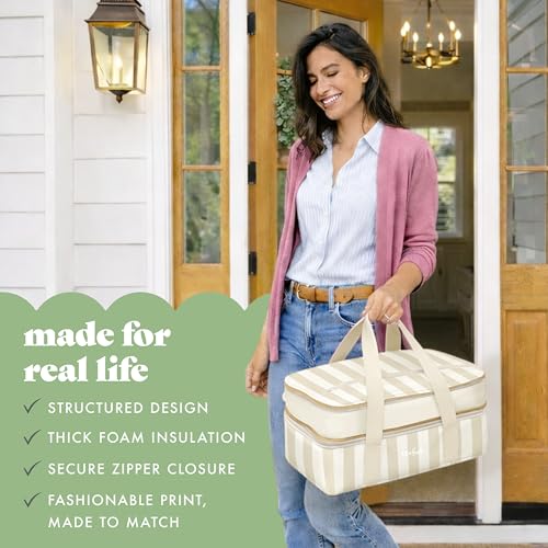 Fit & Fresh Insulated Casserole Carrier - Double Decker Food Carrier Fits Two 9x13 Dishes, Expandable Hot & Cold Food Transport Bag with Zipper Pocket for Potluck, Easter & Travel, Taupe Stripe - color: Pina Colada Stripe