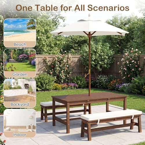 Olakids Kids Picnic Table, Outdoor Wooden Bench Set with Removable Cushions Adjustable Foldable Umbrella, Toddler Backyard Furniture for Patio Garden