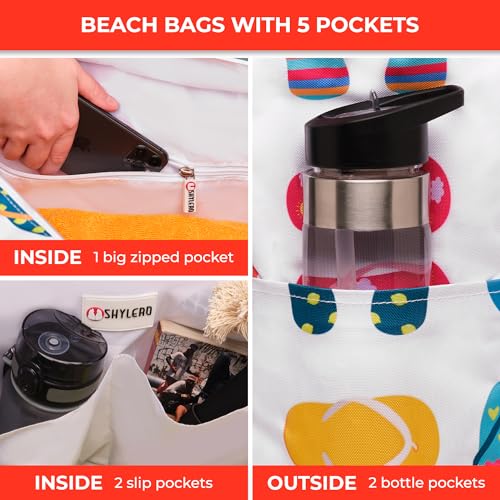 Beach Bag and Pool Bag Has Cooler Pocket, 7 Pockets Total, Zip Top. Family Size Waterproof Beach Tote - color: Funky Flip Flops