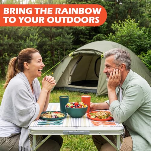 Remerry 6 Sets Camping Mess Kit with Plates Bowls Cups Spoon Fork and Knife Cutlery in 6 Colors Tableware Reusable Plastic Tableware Set for Travel Picnic Camping Necessity Home Party