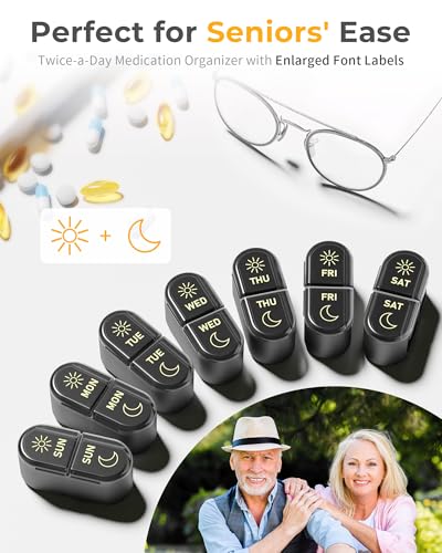 Pillex AM & PM Pill Organizer 7 Days, Weekly Pill Case 2 Times a Day, Pill Box 7 Day, Medicine Pill Organizer for Travel, Vitamins, Fish Oils, Supplements - color: Black
