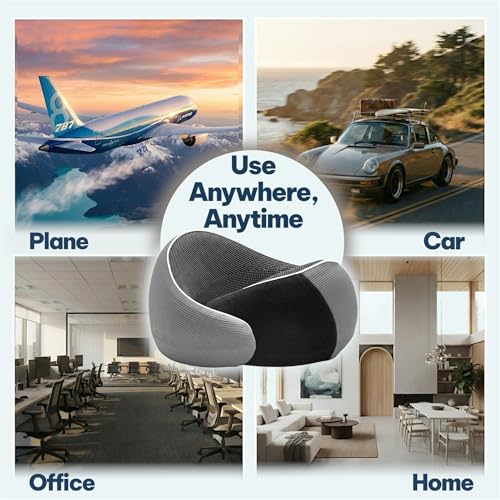 Memory Foam Travel Neck Pillow for Airplane & Neck Pain Relief – 360° Ergonomic Support with Eye Mask & Ear Plugs – Soft Breathable Cover – Ideal for Plane, Car, Office & Home