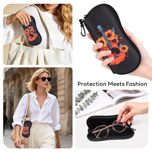 Sunglasses Case with Belt Clip, Ultra Light Neoprene Zipper Soft Padded Glasses Case for Women Men - color: Flower Guitar