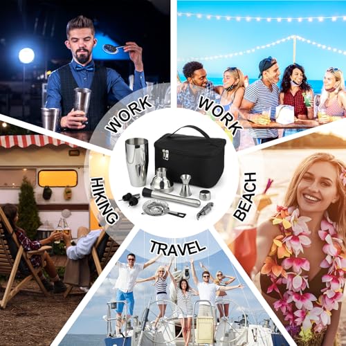 9 Pcs Travel Bartender Kit Cocktail Shaker Set with Bag 25oz Martini Shaker Kit, Ice Crusher, Wine Opener, Strainer, Spoon, Jigger, Pourer, Portable Bar Gift for Home Rv Summer Party Outdoor