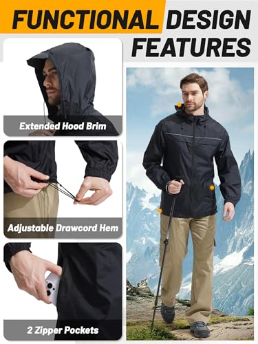 SWISSWELL Mens Rain Jacket & Coats Packable Lightweight Waterproof Windbreaker Hooded for Golf Cycling Hiking - color: Black+packable, size: Medium