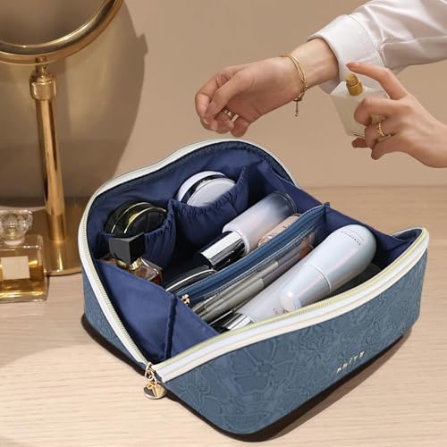 Prite Makeup Bag for Women Travel Waterproof Vegan Leather Cosmetic Bag Open Flat Toiletry Bag With Clear Divider and Handle (Blue Flower, Medium) - color: Blue Flower, size: Medium