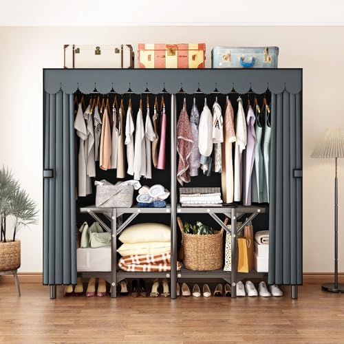 Gray Large Portable Armoire Wardrobe Closet with Foldable Clothing Wardrobe 25MM Steel Pipe Metal Frame Clothes Rack,One Piece Folding Design - size: 59.1 x 17.7 x 66.9 inches