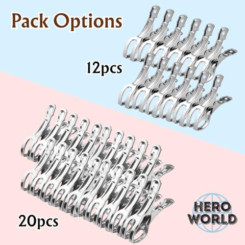 Stainless Steel Windproof Laundry Clips – Heavy-Duty Clothes Pins Rust-Resistant Twin-Prong Towel & Bath Towel Clips (12, 3.5") - size: 3.5"