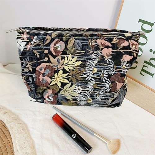 HAPPYHEIDI Cute Floral Makeup Bag Cosmetic Travel Pouch with Bottom and Zipper, Purse Make Up Organizer, Aesthetic Textured Fabric, Large - color: Classic Black Floral Large