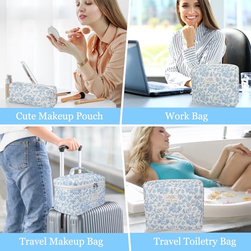 Gosect Makeup Bag, Large Quilted Cosmetic Bag, Big Floral Make Up Bag for Women Girls, Cute Cotton Makeup Bag Set, Flower Travel Toiletry Organizer Bag (Blue Flower) - color: Flower