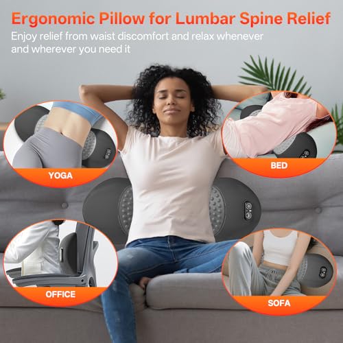 3-in-1 Electric Lumbar Support Pillow with Heat, Vibration and Traction, Triple Fusion Back Massager for Bed or Chair, Lumbar Support Cushion for Lower Back Comfort & Spine Support, Dark Gray