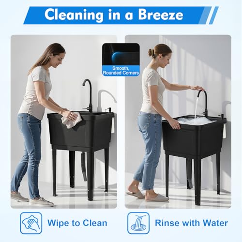 Black Utility Sink, Free Standing Laundry Sink, Laundry Tub Sink with Faucet+Soap Dispenser+Drain Pipe Kit, Laundry Room Sink for Restaurants, Laundries, Stores - color: Black, 19.7 x 19 x 33.1in