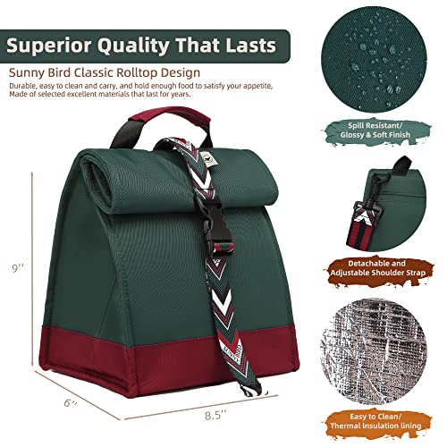 SUNNY BIRD Insulated Lunch Bag Rolltop Lunch Box Tote Bag for Women, Men, Adults and Teens (Green with Boho strap) - color: Green with Boho strap