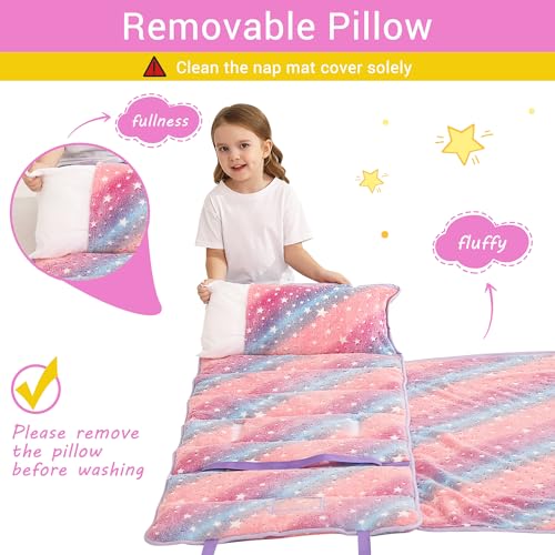 Lasoftan Toddler Nap Mat with Pillow and Blanket, Extra Large Rolled Napping Mats,Slumber Bags for Boys Girls,Kids Sleeping Bag for Daycare, Preschool Travel Camping - color: Glowing Star