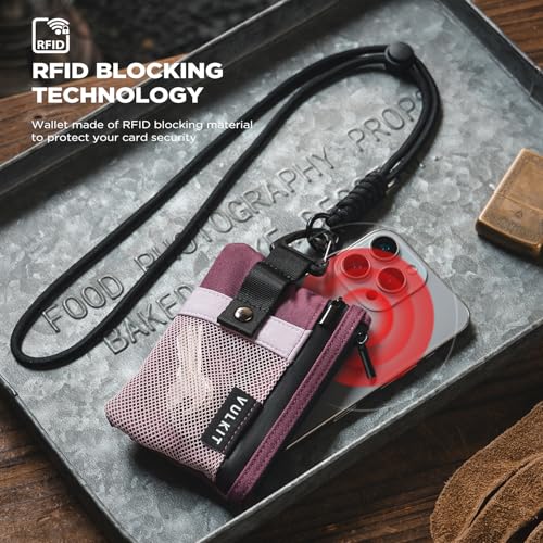 VULKIT Small Minimalist Wallet for Women RFID Blocking, Zipper Coin Pouch with ID Window and Keychain, Water Resistant Travel Lanyard Wallet Wine Pink - color: Wine Pink