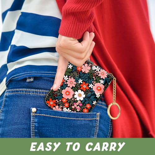 Aiawoxc Credit Card Holder, Small RFID Wallet Slim Leather Card Organizer Case with Zipper and Keychain, Cute Flowers - color: B-Cute Flowers, size: Keychain