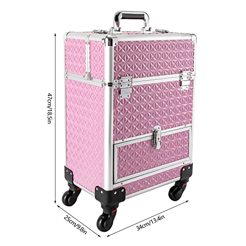 3in1 Rolling Makeup Train Case,Aluminum Trolley Case with 360° Rotation Wheels for Professional Salon Barber Traveling Cart Trunk Cosmetic Beauty Storage (Pink 18.5in) - color: Pink 18.5in