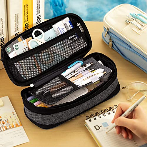 Large Capacity Pencil Case, Expandable Stationery Bag with Zipper compartments, Aesthetic Pencil Case Pouch for Office College School Students Teen Girls Boys - color: Darkgrey