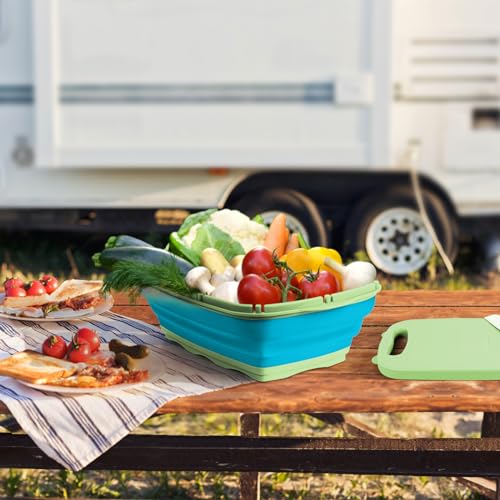 Gintan Camping Cutting Board, 9-in-1 Collapsible Chopping Board with Colander, Kitchen Vegetable Washing Basket for Camping, Camping Gifts Camping essentials for RV Campers (Blue Green) - color: Blue Green