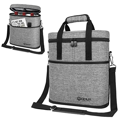 opux 3 Bottle Wine Carrier Tote, Insulated Leakproof Wine Cooler Bag, Wine Travel Bag Tote for Picnic BYOB Beach, Portable Wine Bottle Carrying Case, Gift for Wine Lover Women Men Christmas, Grey - color: Heather Gray