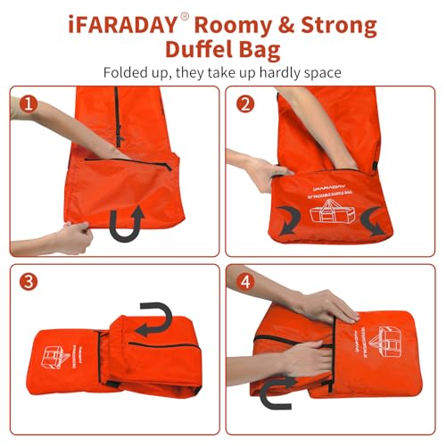 iFARADAY Foldable Duffle Bag for Travel - 75L Large Spare Travel Duffel Bag Lightweight with Trolley Sleeve - Orange - color: Orange-75L(with trolley sleeve)