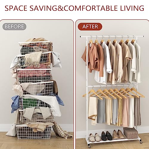 Sywhitta Double Rod Clothing Garment Rack, Rolling Coat Hanger with Bottom Mesh, Clothing Rack for Hanging Clothes, Coats, Skirts, Sweaters, White - color: White, size: With mesh