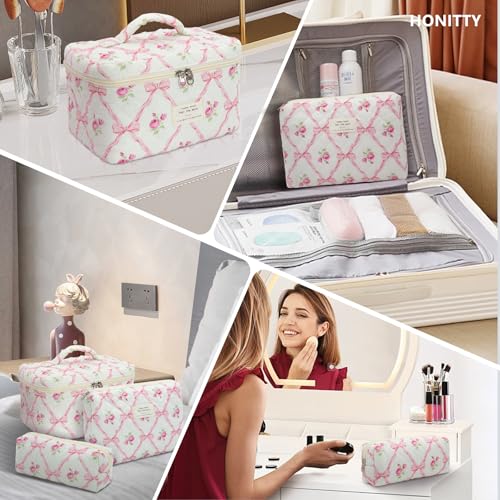 honitty Makeup Bag,Quilted Cosmetic Bag,Large Floral Make Up Bag for Women,Cotton Makeup Bag Set,Flower Travel Toiletry Bag - color: Pink Bow
