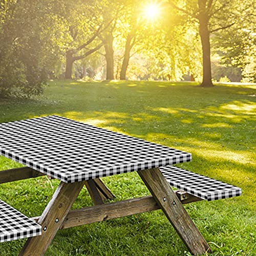 5ft Picnic Table and Bench Cover, Camping Essentials RV Gear, 60 in Waterproof Windproof Outdoor Elastic All Around Tablecloth, Fitted Rectangle Tables and Seats, Black-White Checkered - color: Black-white Checkered, size: 60"