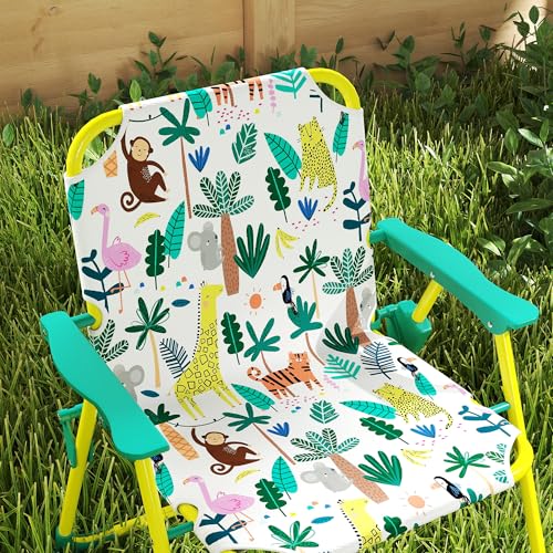 Qaba Kids Picnic Table and Chair Set, Outdoor Activity Table with Foldable Chairs, Removable Umbrella, Monkey and Giraffe Pattern Toddler Patio Furniture for Backyard, Garden, Green
