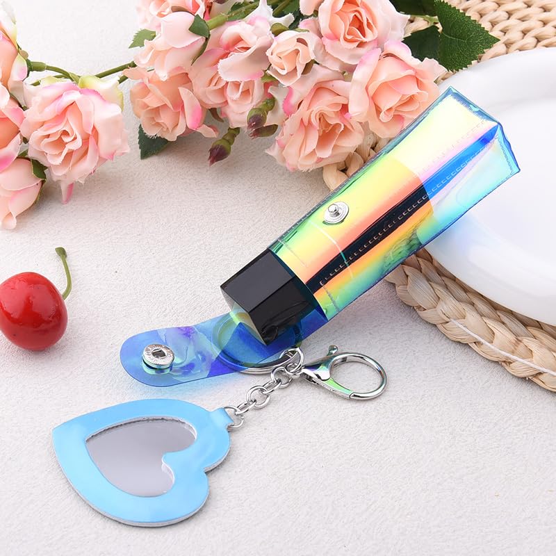 Sisadodo Glitter Lip Oil Holder Key Chains for Woman Lipstick Case with Mirror Lip Balm Keychain for Lipstick Case Keychain - color: Pv Blue-heart