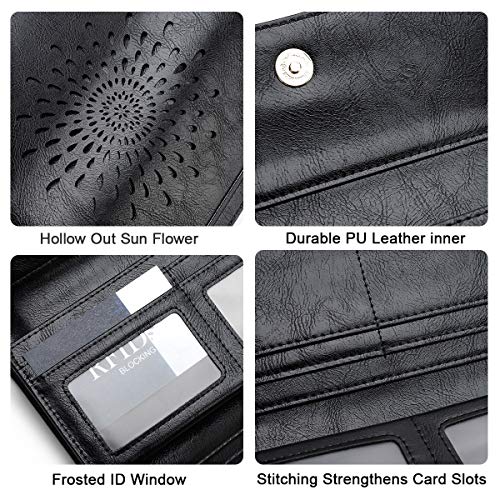 APHISON Womens Wallets RFID Blocking Leather Clutch Long Wallet for Women Card Holder Phone Organizer Ladies Travel Purse Hollow Out Sunflower Design Gift - color: BLACK
