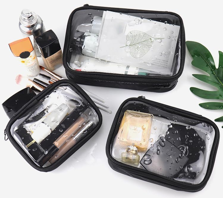 Clear Makeup Bag, 3 Pcs TPU Toiletry Bags, Travel Clear Case for Cosmetics, Transparent Zippered Bag (S, M, L) - color: Black TPU, size: Set - Small, Medium, Large