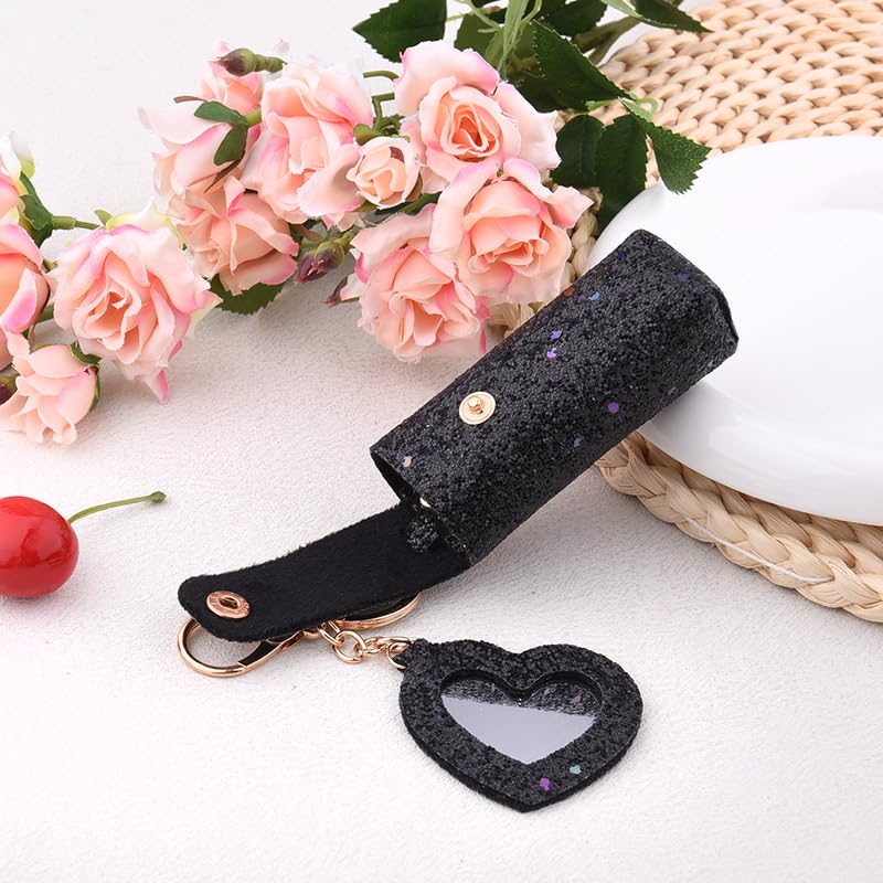 Sisadodo Glitter Lip Oil Holder Key Chains for Woman Lipstick Case with Mirror Lip Balm Keychain for Lipstick Case Keychain - color: Black-heart