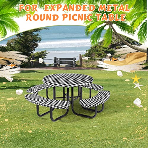 Moukeren Round Picnic Table Cover with Bench Cover Vinyl Fitted Picnic Tablecloth Round Waterproof Wipeable Table Cover with Elastic Edge for Camping Outdoor Patio, Black and White Grid,5 Piece Set