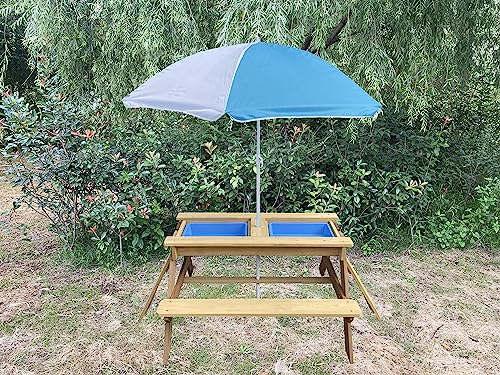 BTExpert Kids 3-in-1 Sand Water Activity Table Wooden Outdoor Convertible Picnic Table Bench Adjustable Umbrella Removable Top 2 Play Boxes Toy Set 37 x 35 in - color: Clear, size: 37 x 35 in