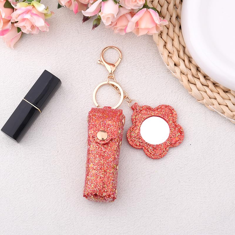 Sisadodo Glitter Lip Oil Holder Key Chains for Woman Lipstick Case with Mirror Lip Balm Keychain for Lipstick Case Keychain - color: Red-flower
