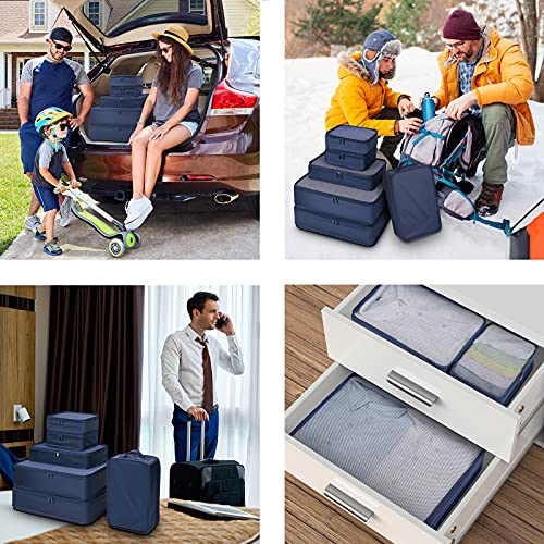 Mossio 6 Set Packing Cubes with Shoe Bag - Lightweight Travel Luggage Suitcase Organizers - color: Navy Blue
