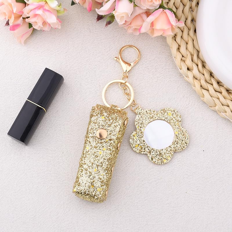 Sisadodo Glitter Lip Oil Holder Key Chains for Woman Lipstick Case with Mirror Lip Balm Keychain for Lipstick Case Keychain - color: Gold-flower
