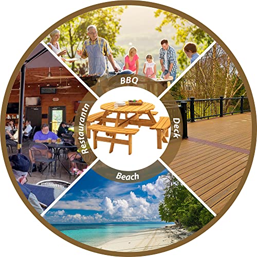 Round 8 Person Wooden Picnic Table Sets Outdoor Camping Dining Table with Seat Garden DIY w/4 Built-in Benches 2220lb Capacity - Natural - color: Natural-8-round