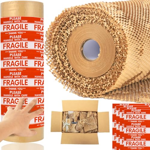 Honeycomb Packing Paper Wrap 15''x328', Substitute Alternative for Bubble Cushioning Wrap for Moving Shipping Packaging, Recyclable Moving Supplies with 48 Fragile Sticker Labels - size: 15''x328'