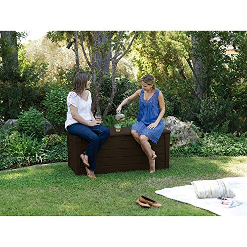 Keter Outdoor Storage Deck Box, for Patio, Backyard & Garden, Brightwood, 120 Gal, Brown - Lockable, Organizing, and Waterproof Plastic Container Bench