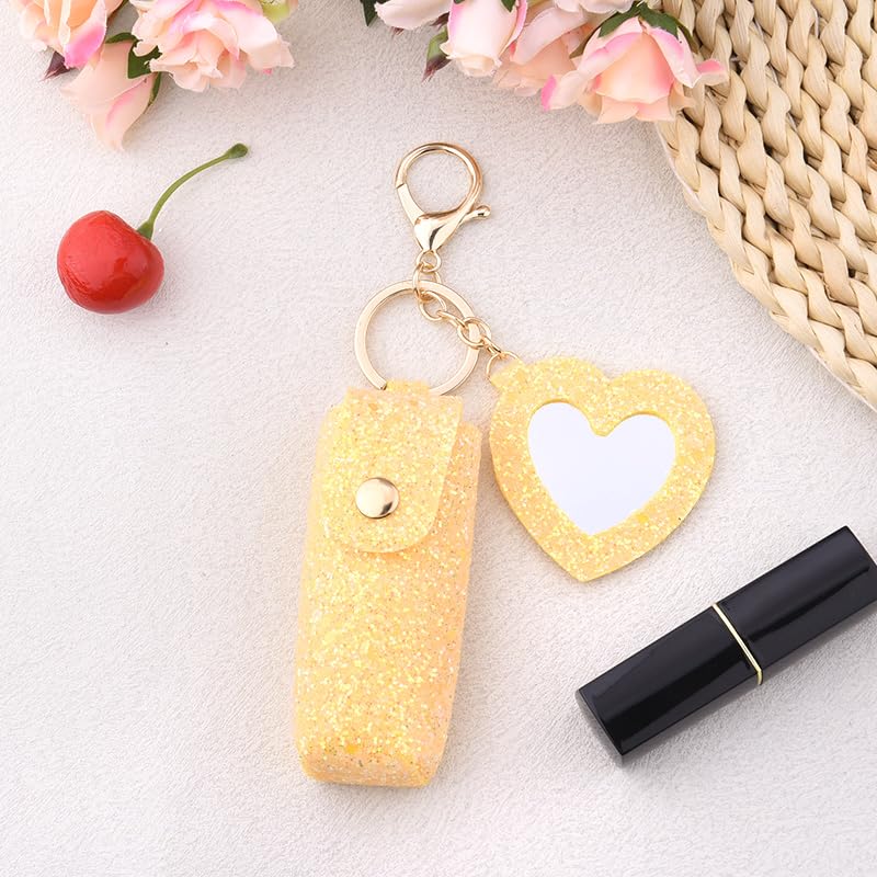 Sisadodo Glitter Lip Oil Holder Key Chains for Woman Lipstick Case with Mirror Lip Balm Keychain for Lipstick Case Keychain - color: Yellow-heart