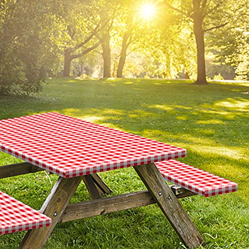 6ft Picnic Table and Bench Cover, Camping Essentials RV Gear, 72in Waterproof Windproof Outdoor Elastic All Around Tablecloth, Fitted Rectangle Tables and Seats, Red-White Checkered - color: Red-white Checkered, size: 72"