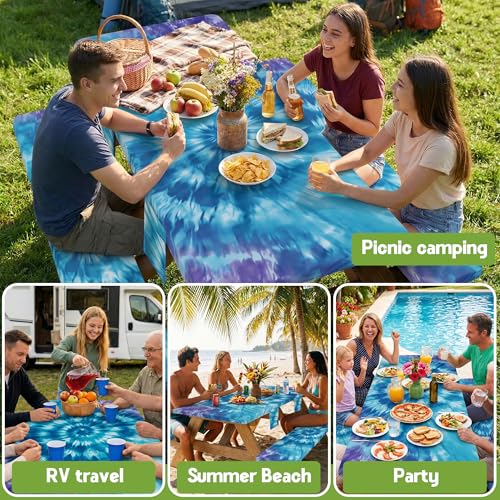 Fitted Picnic Table Cover with Bench Covers Vinyl Waterproof Elastic Edges Fitted Rectangle Table Cloth Patio Tablecloth Camping Gear Essentials Rv Accessories Road Trip Supplies Car Travel Must Have - color: Blue Purple Tie-dye, size: 96in