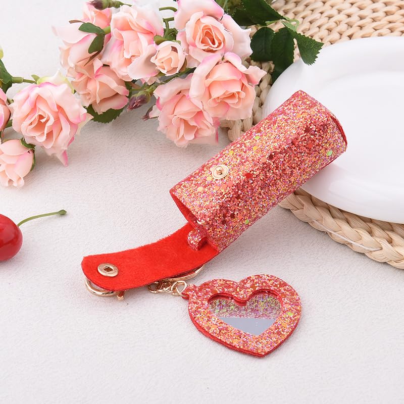 Sisadodo Glitter Lip Oil Holder Key Chains for Woman Lipstick Case with Mirror Lip Balm Keychain for Lipstick Case Keychain - color: Red-heart