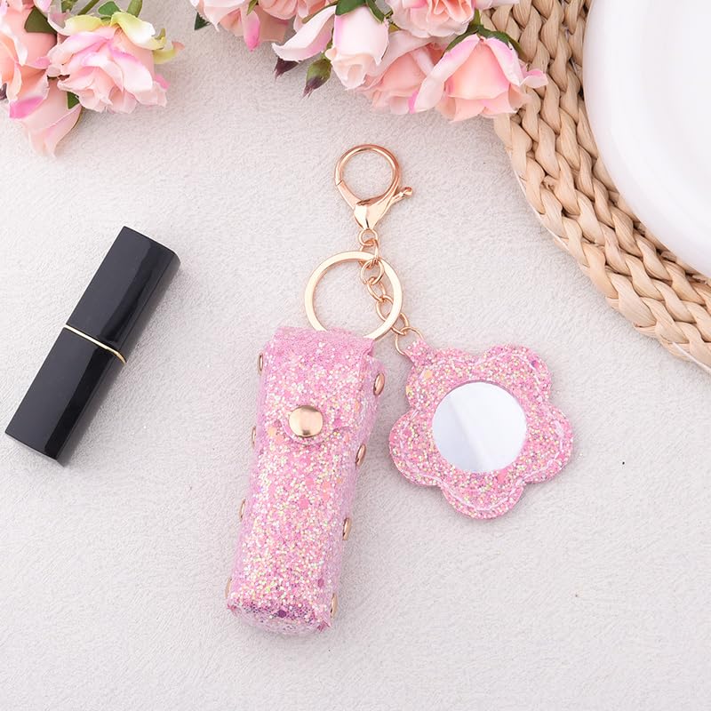 Sisadodo Glitter Lip Oil Holder Key Chains for Woman Lipstick Case with Mirror Lip Balm Keychain for Lipstick Case Keychain - color: Hot Pink-flower