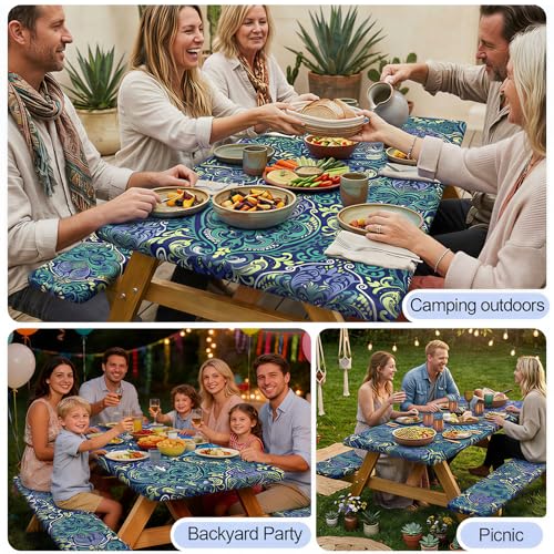 Picnic Table Cover with Bench Covers Camping Essentials Waterproof Windproof Camping Tablecloth with Drawstring Bag, Fitted Rectangle Tables and Seats, 72in, Deep Blue Green - color: Deep Blue Green, size: 72in