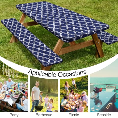 Picnic Table Cover with Bench Covers 6FT 3 Pcs Waterproof Windproof Aesthetic Camping Tablecloth with Drawstring Bag, Fitted for 6 Foot Rectangle Tables and Seats, 72 inch, Navy Blue Morocco - color: Navy Blue Morocco